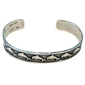 Sterling Silver 925 Happy Dolphin Cuff Bracelet Silver Black Adjustable